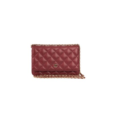 CHANEL DARK RED LAMBSKIN MATELASSE WALLET ON CHAIN  (19*13*4cm) 